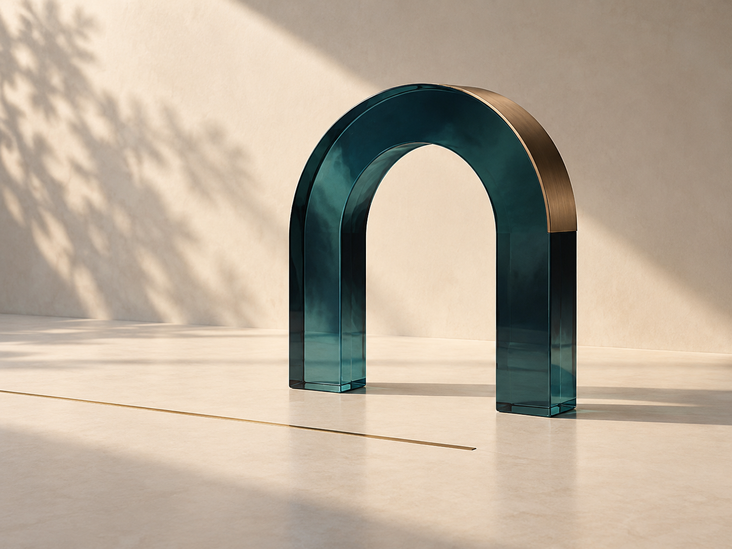 Freestanding teal glass arch with bronze trim on an ivory floor